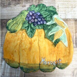 VTG Ceramic Harvest Trinket Dish With Grapes Corn & Pumpkin Design  Made In USA